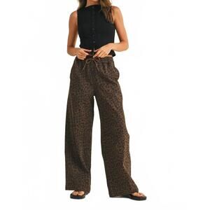 NEW KLESIS leopard print wide denim track pant in brown